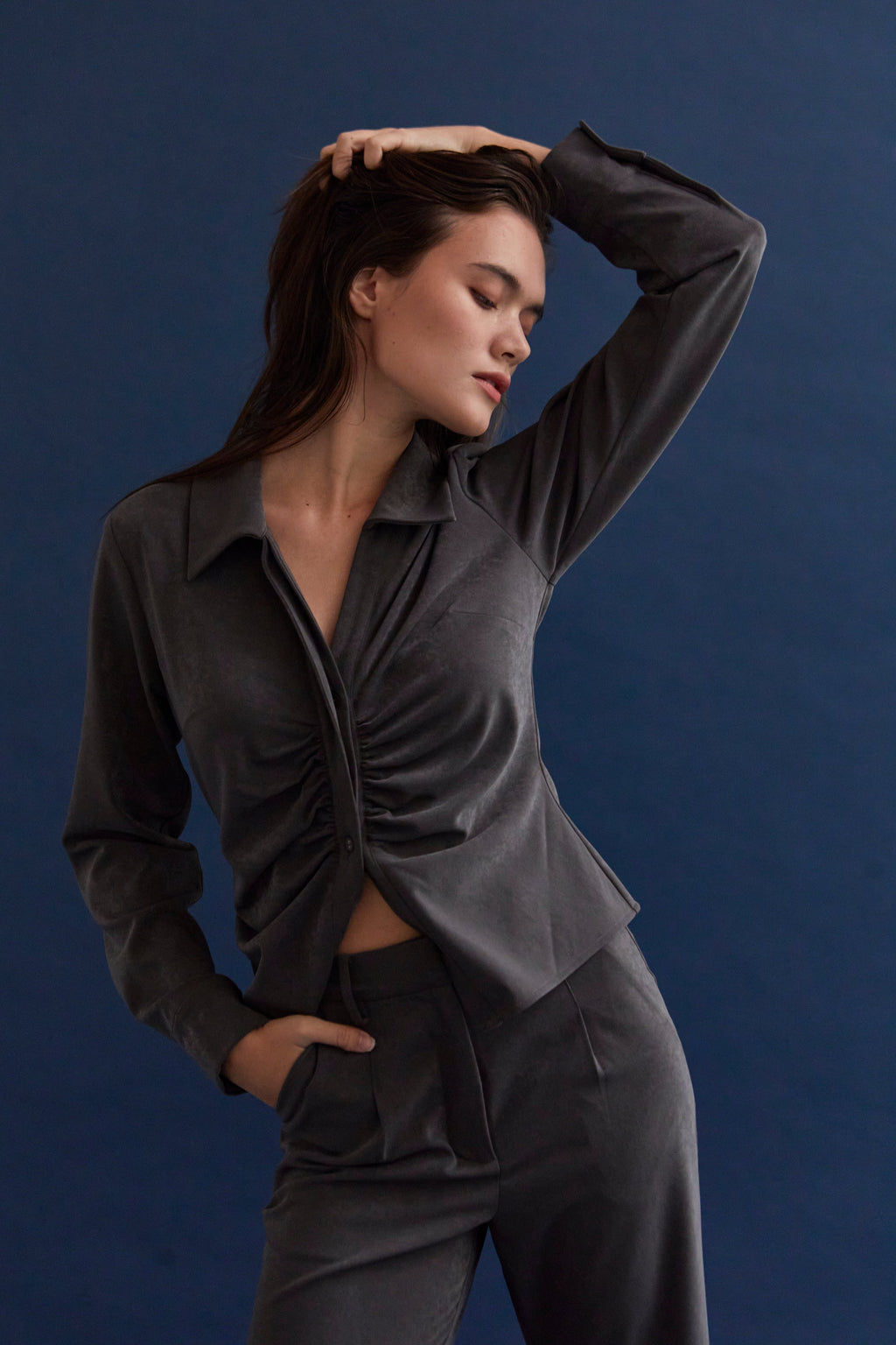 Zarina Brushed Ruched Button Up Top