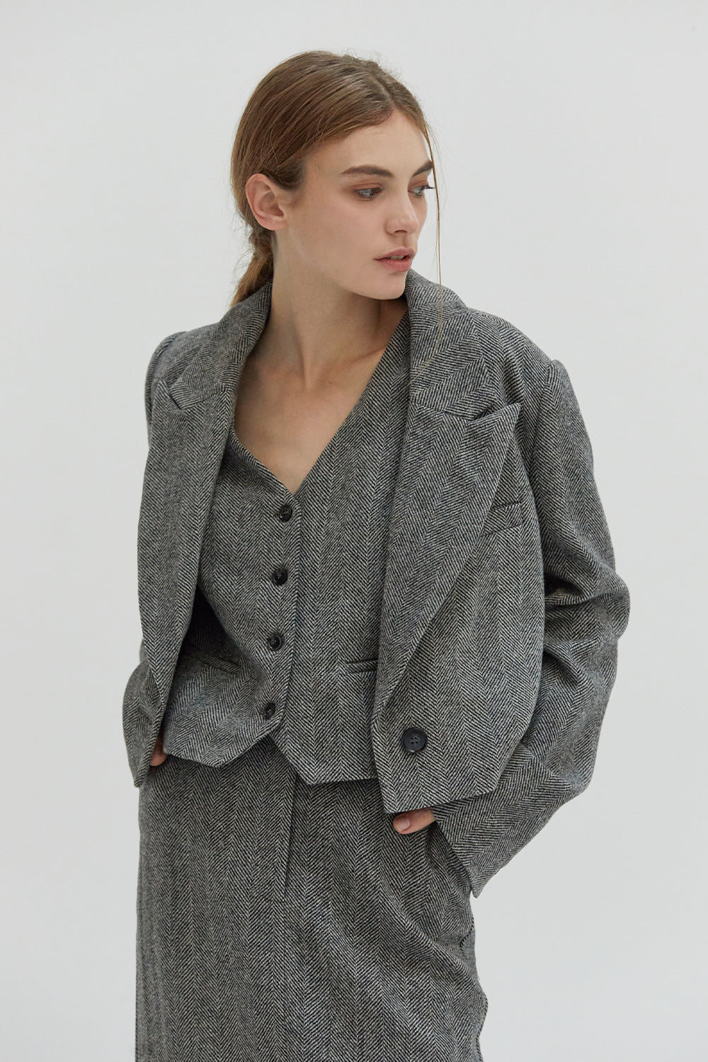 Blaire Brushed Herringbone Cropped Blazer