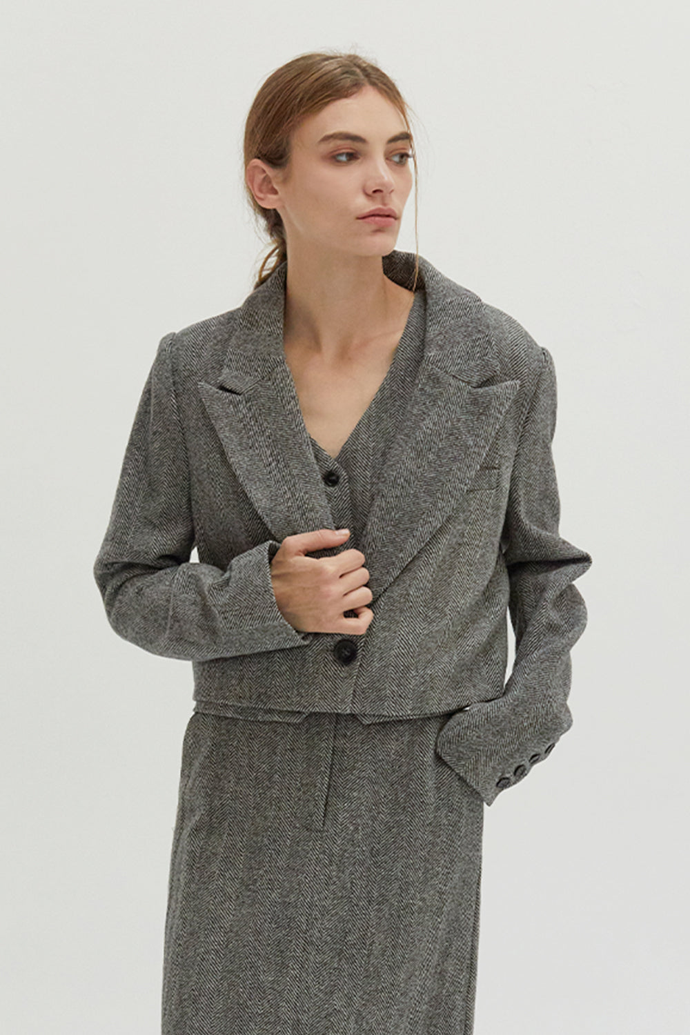 Blaire Brushed Herringbone Cropped Blazer