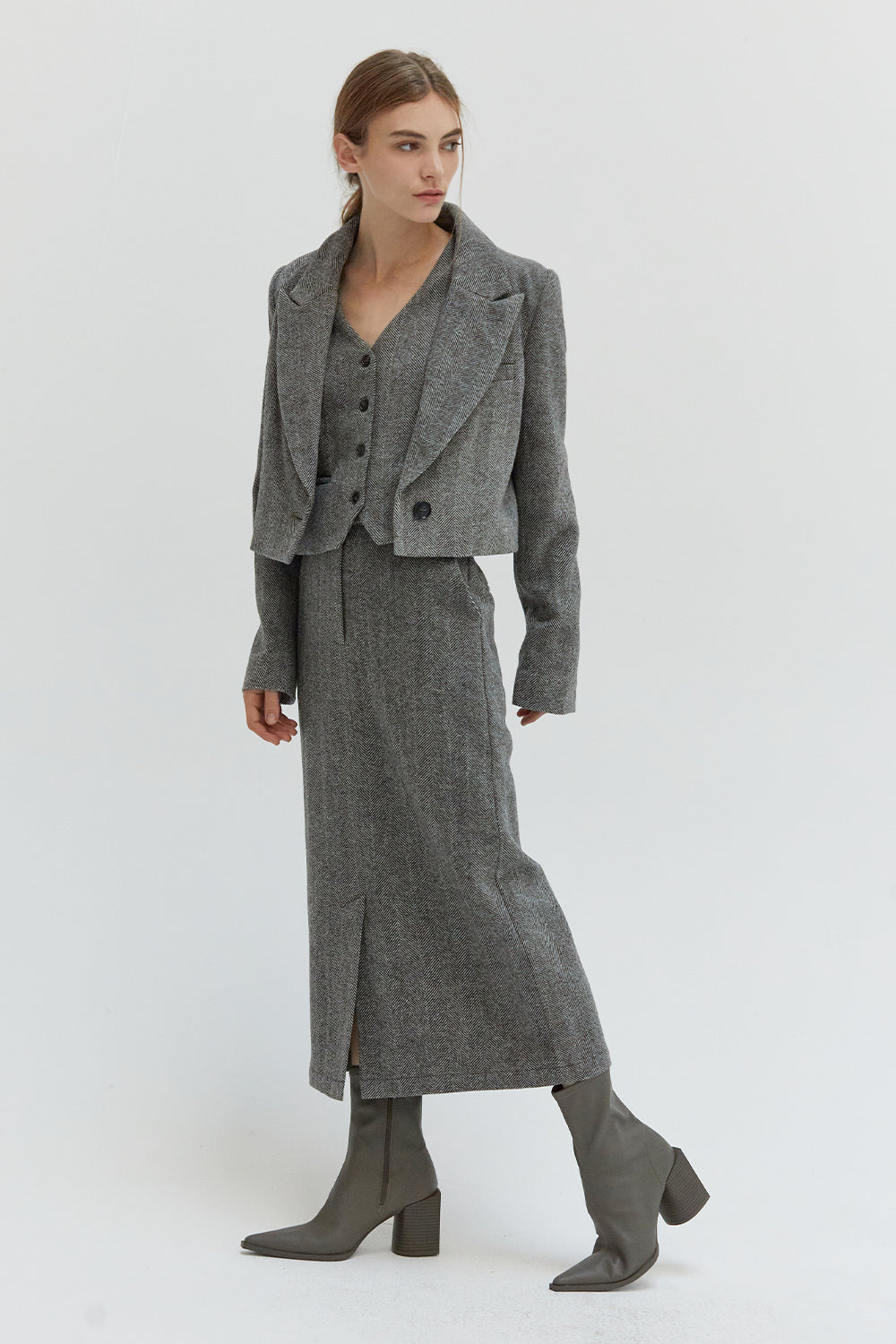 Brianna Brushed Herringbone Midi Skirt