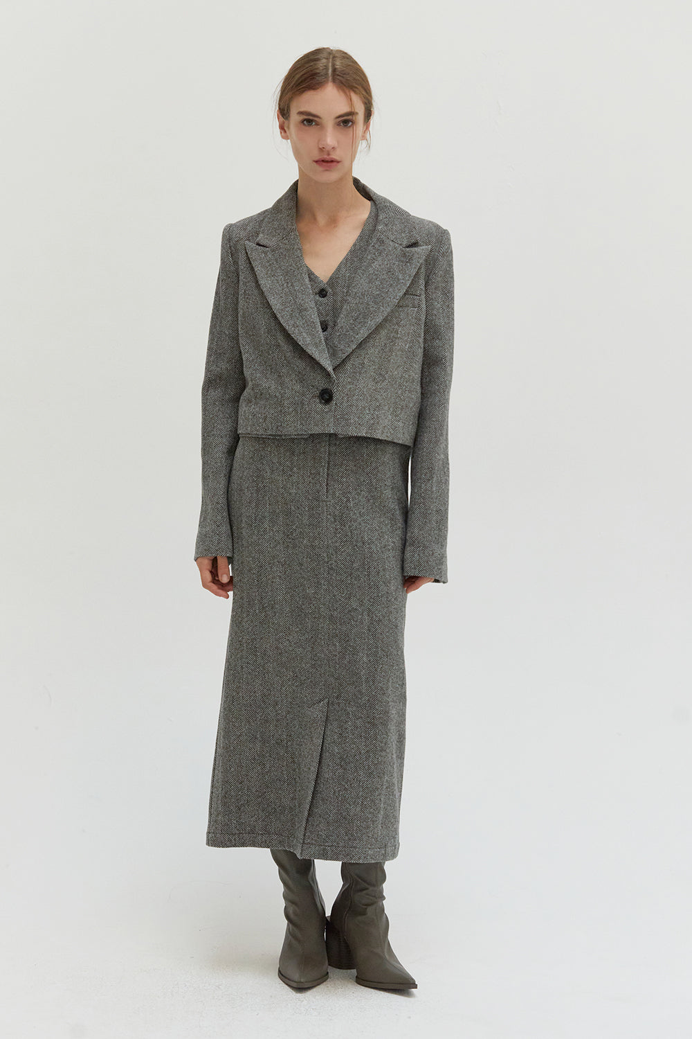Brianna Brushed Herringbone Midi Skirt