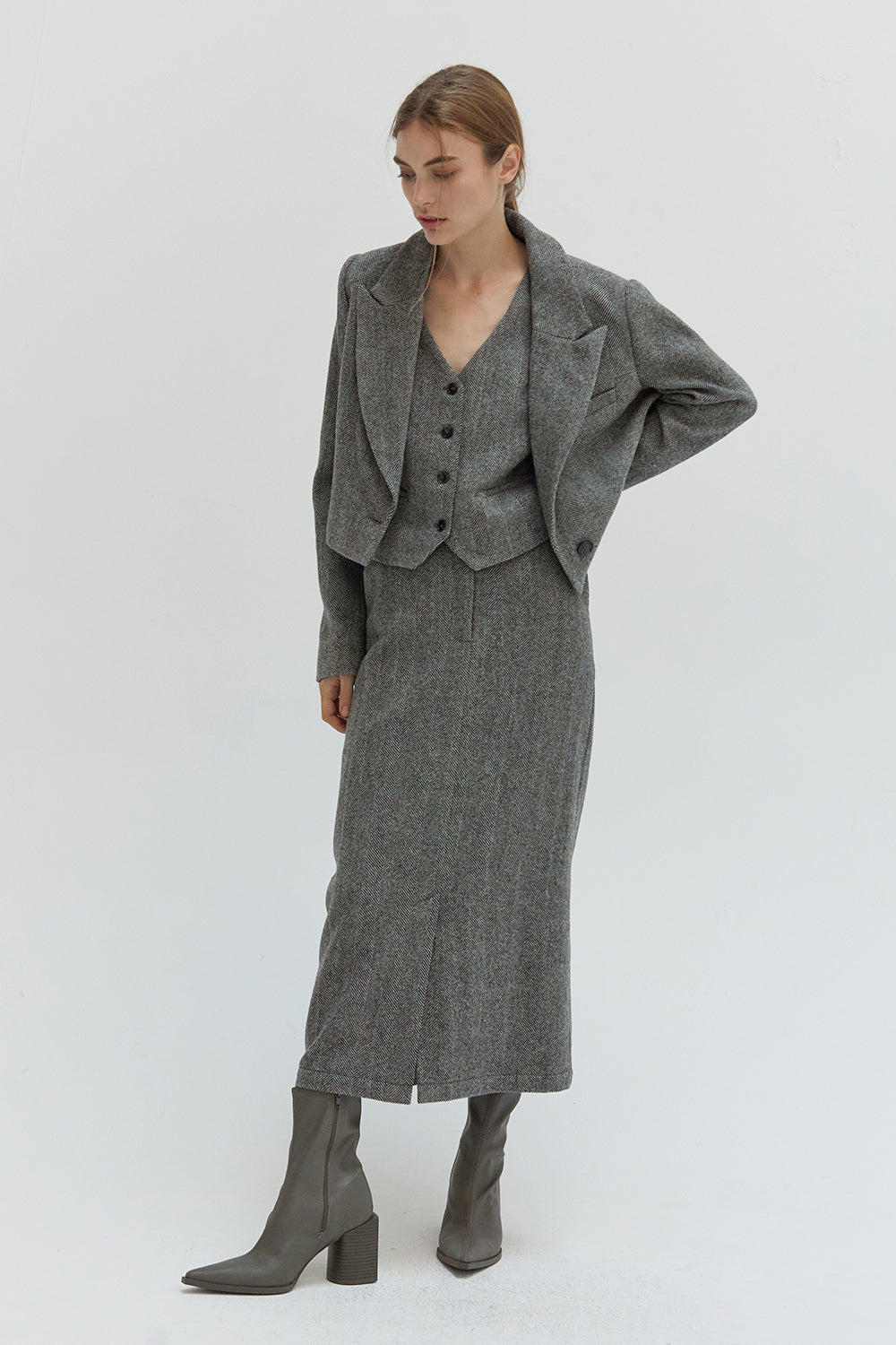 Brianna Brushed Herringbone Midi Skirt