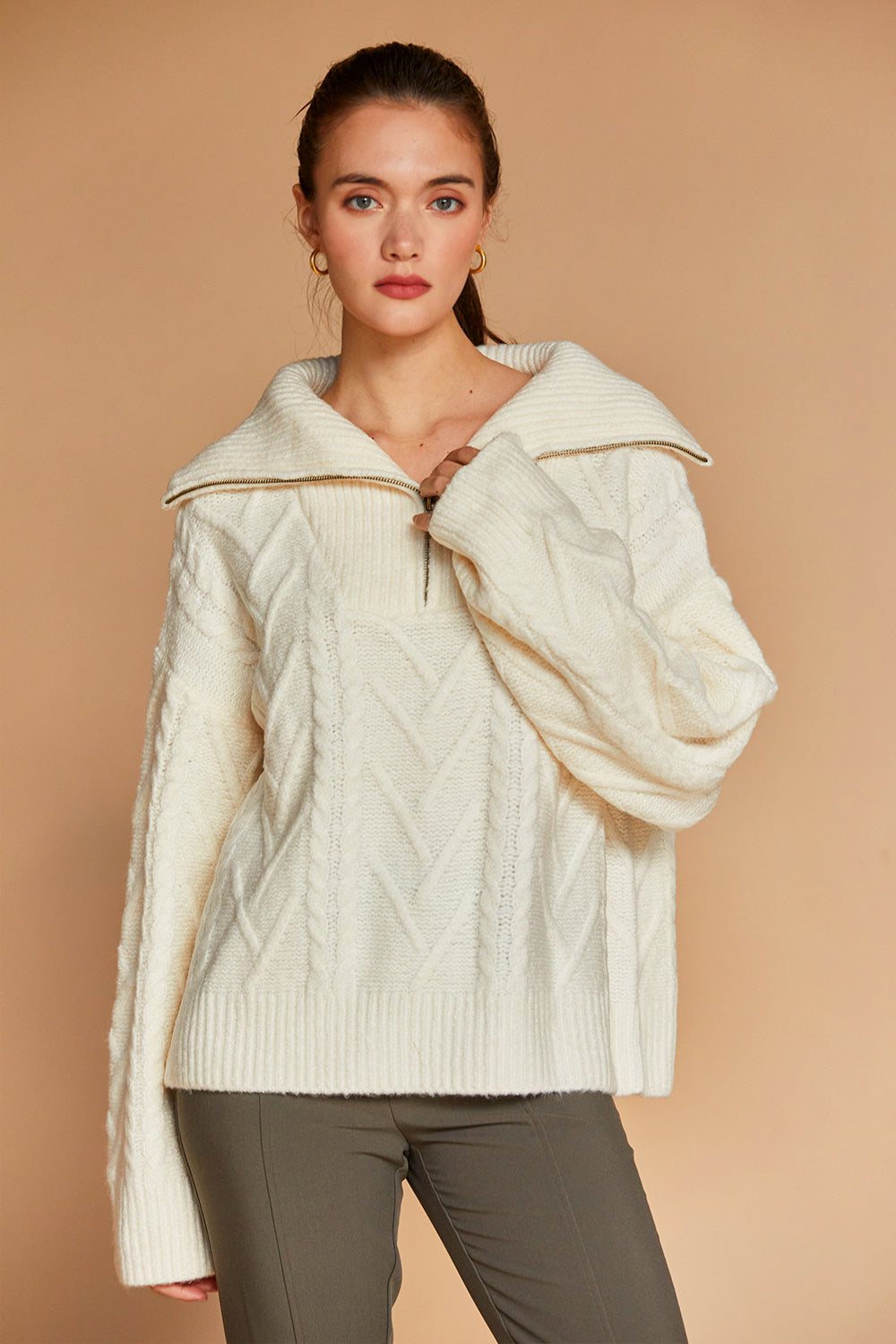 Finley Front Zip Chunky Cable Knit Sweater