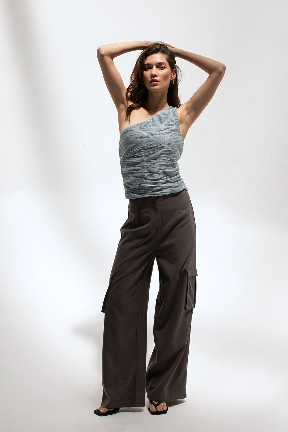 Ivy One Shoulder Mesh Top - ICE BLUE