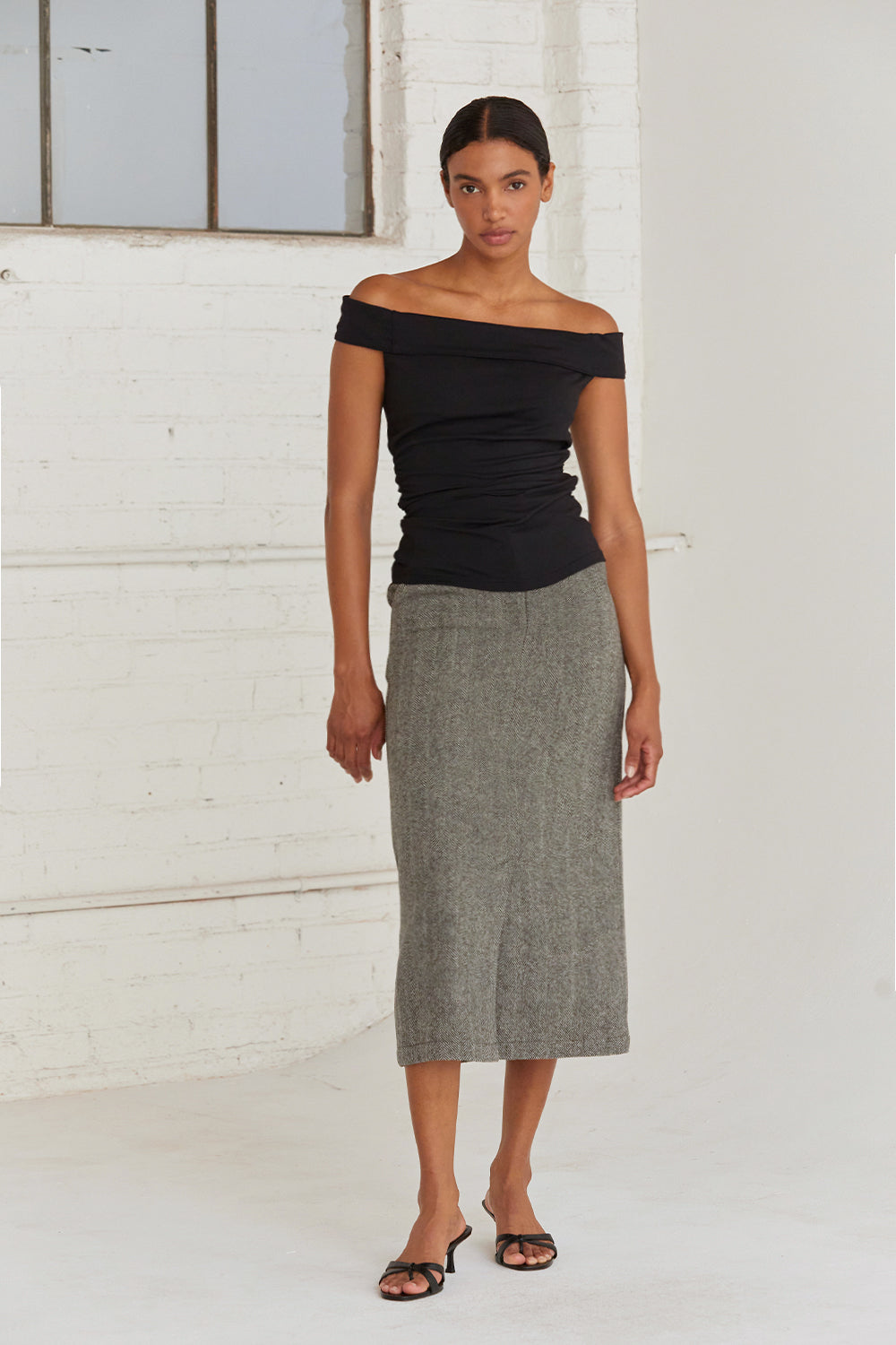 Brianna Brushed Herringbone Midi Skirt