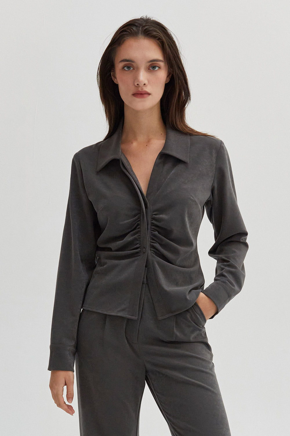 Zarina Brushed Ruched Button Up Top
