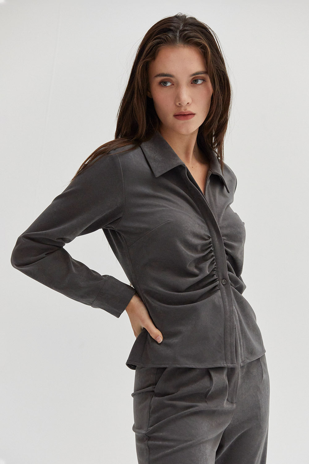 Zarina Brushed Ruched Button Up Top