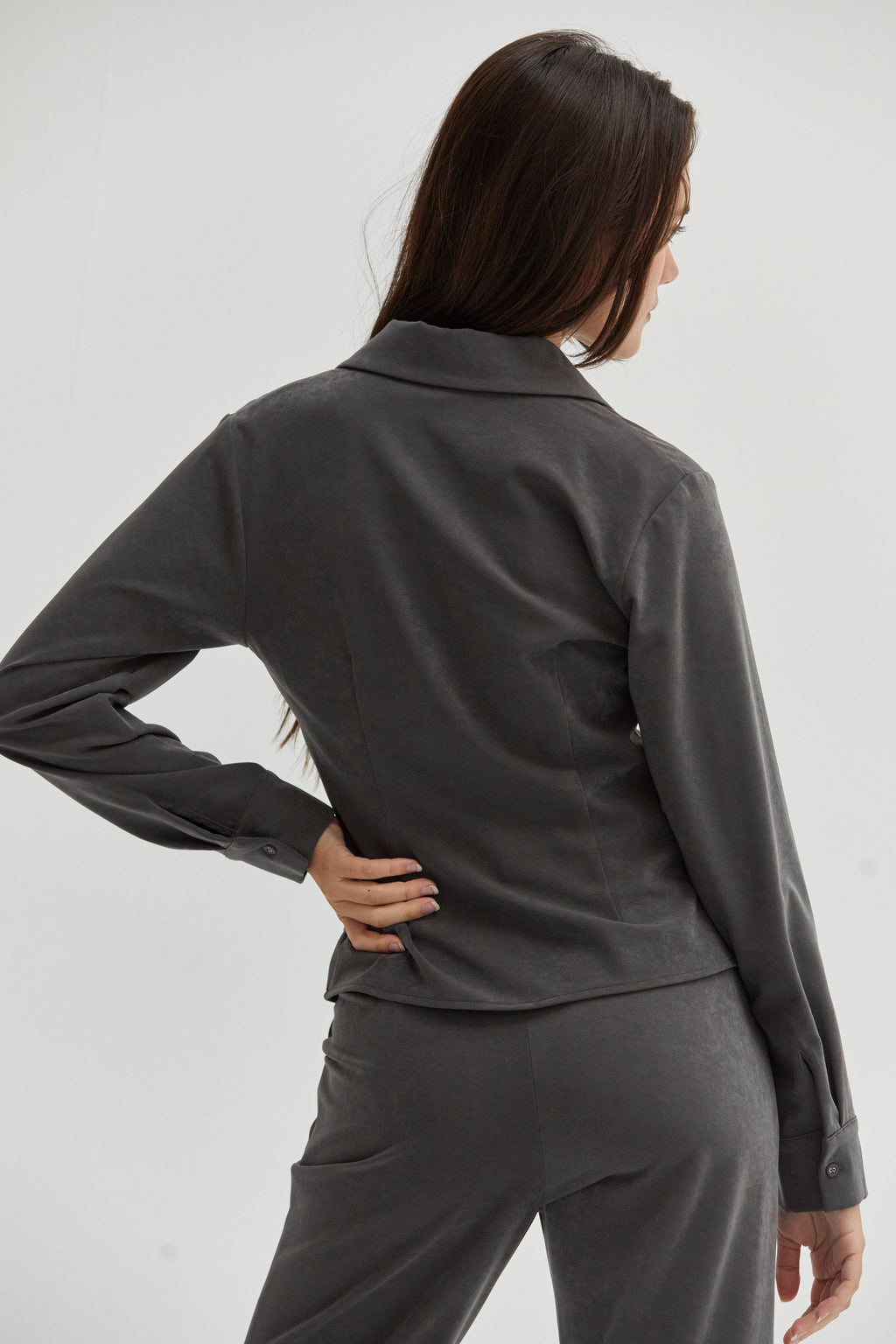 Zarina Brushed Ruched Button Up Top