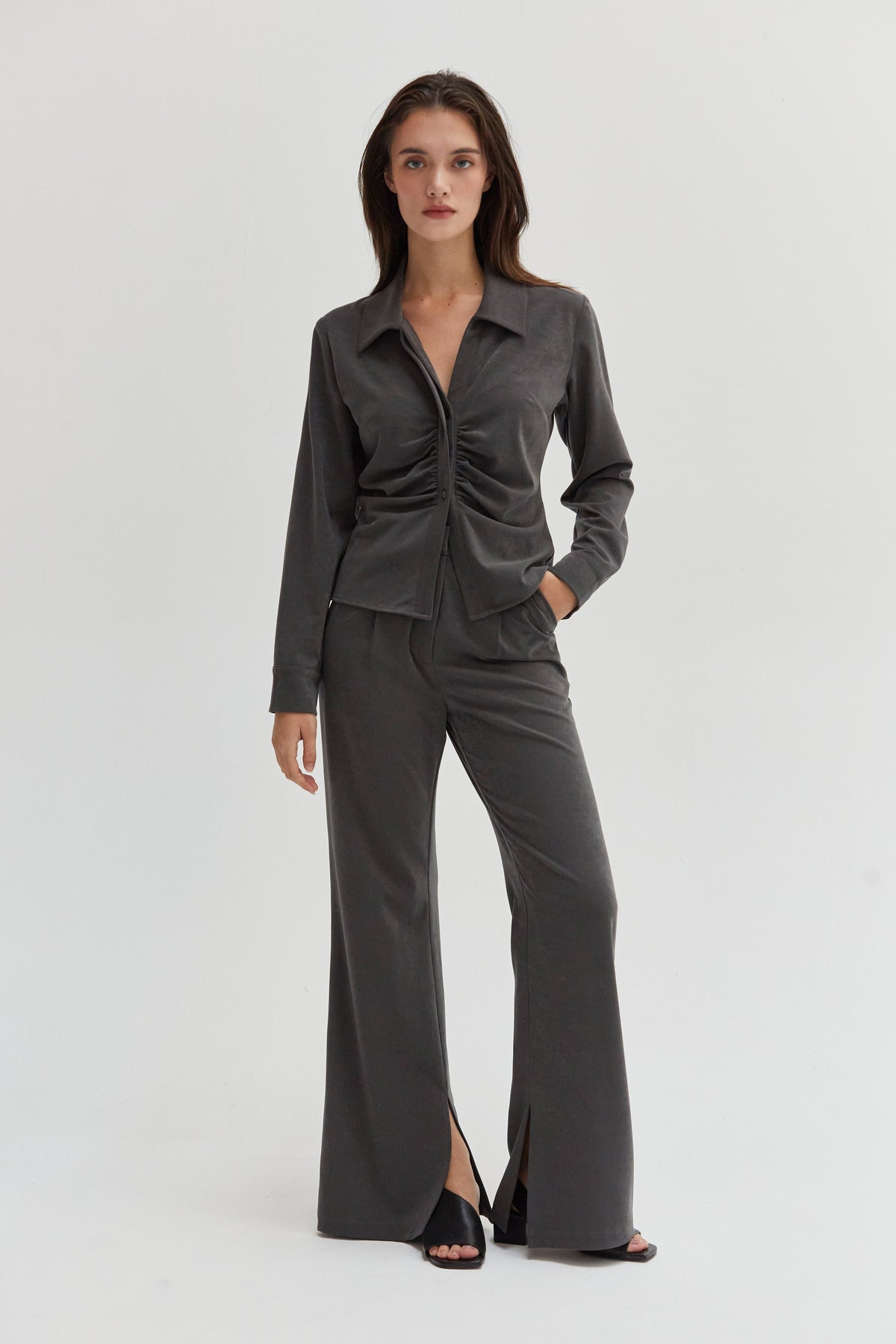 Zarina Brushed Ruched Button Up Top